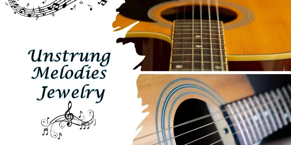 Close-up views of acoustic guitars promoting Unstrung Melodies Jewelry by WendyWren.com.
