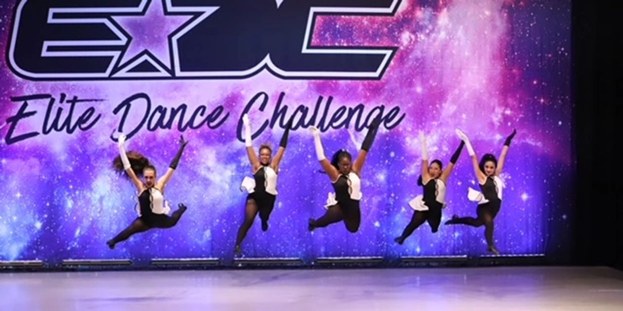 Five dancers mid-air performing at the Elite Dance Challenge.