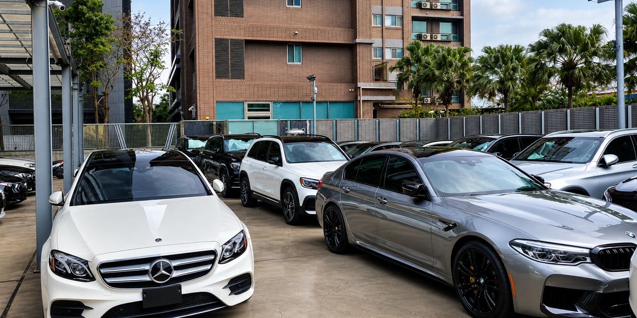 Luxury cars parked in a modern outdoor lot beside an urban building.