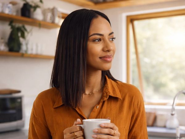 A woman in an orange shirt enjoying a warm drink in a cozy kitchen.