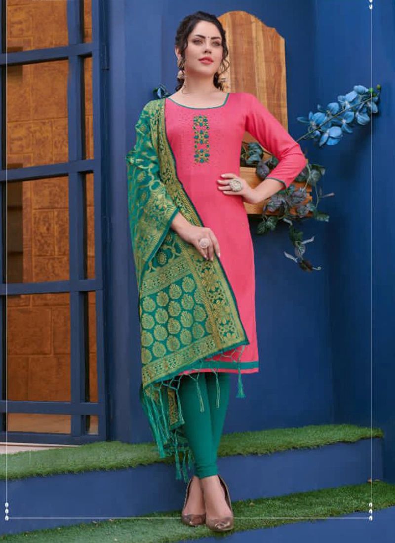 Pink Readymade Salwar Kameez Pakistani Handwork Cotton Kurti with Dupatta