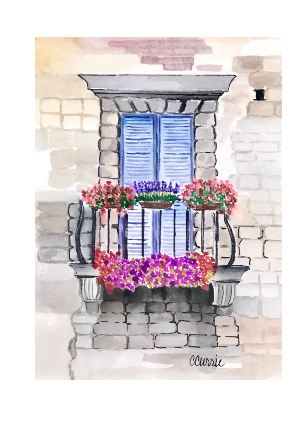 Italian window with flower boxes painted in watercolor 