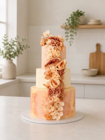 Three-tier cake with peach and blush flowers.