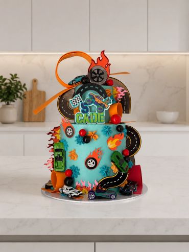 Colorful car-themed birthday cake with flames and roads.