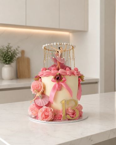 Elegant ballerina-themed birthday cake with pink roses.