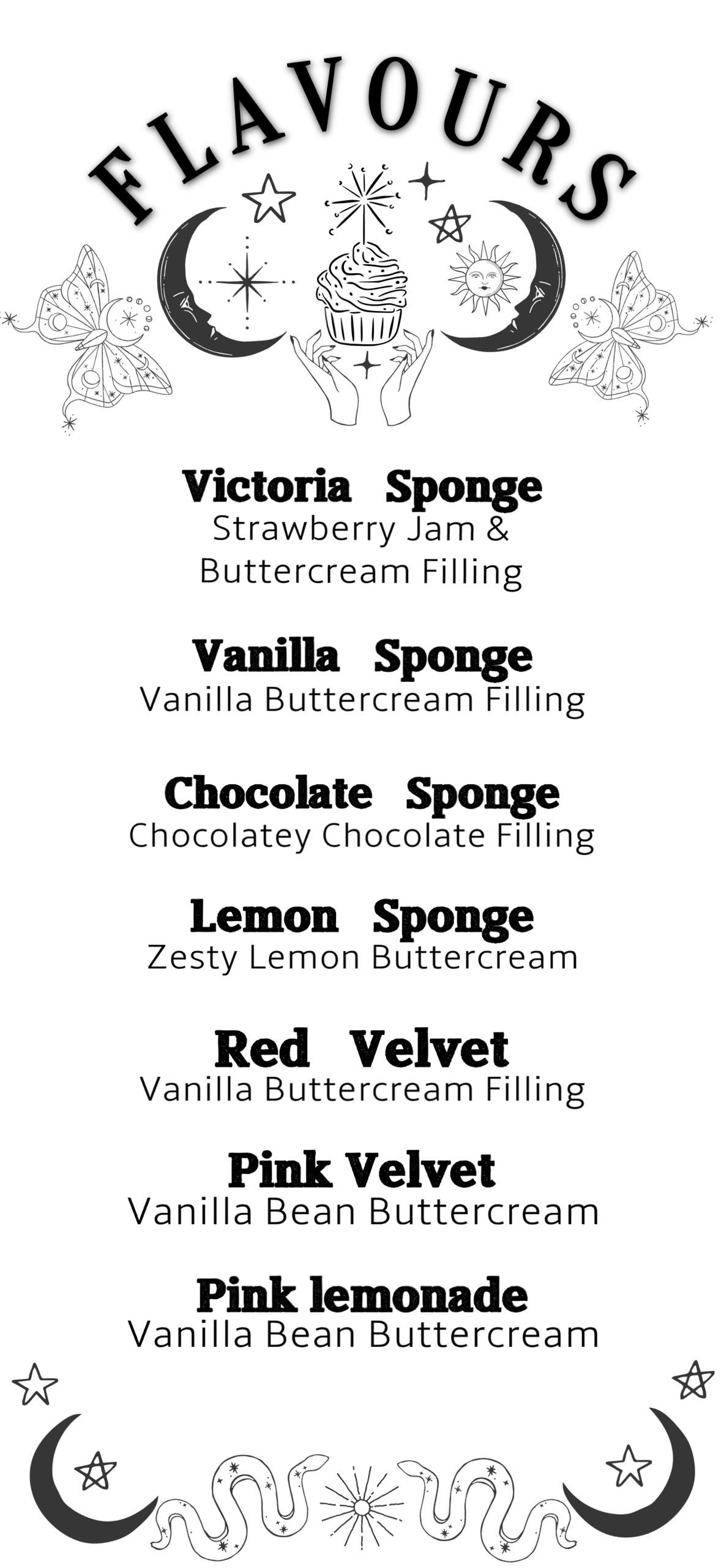 Cupcake flavor list with decorative celestial theme.