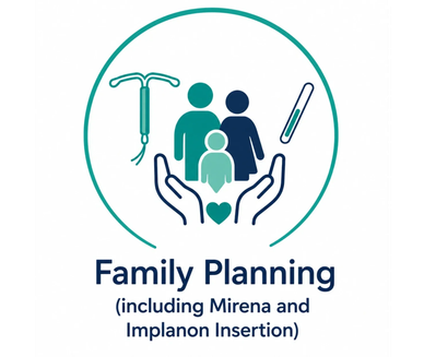 Family planning symbol with contraception icons and figures.