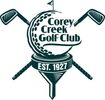 Logo of Corey Creek Golf Club with crossed clubs and golf ball.