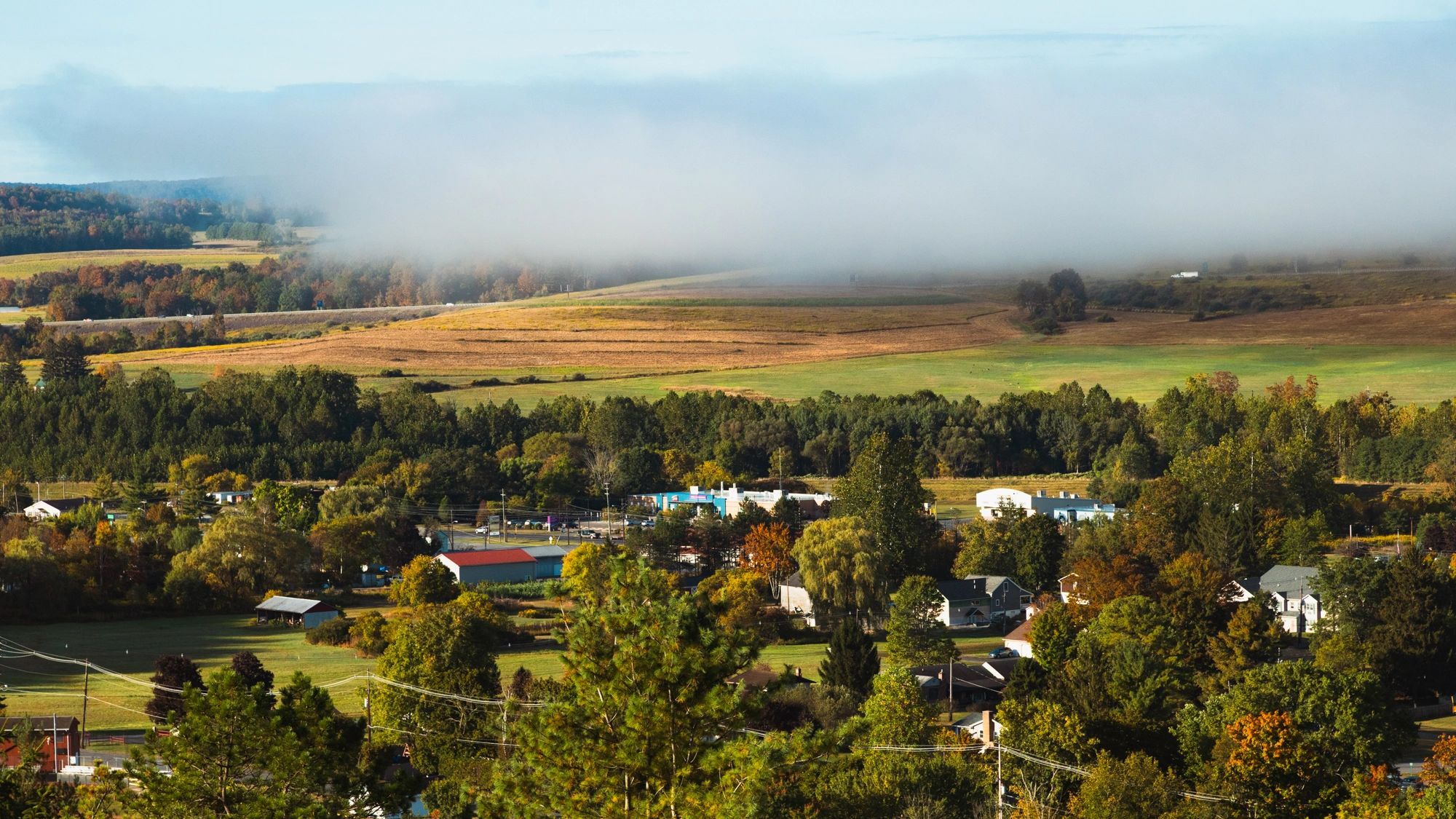 Fog blankets the countryside above a small town with trees and fields.