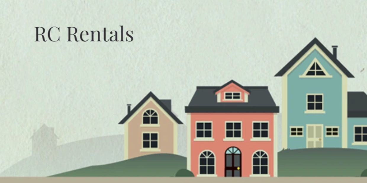 Illustration of three houses with text 'RC Rentals' on a light background.