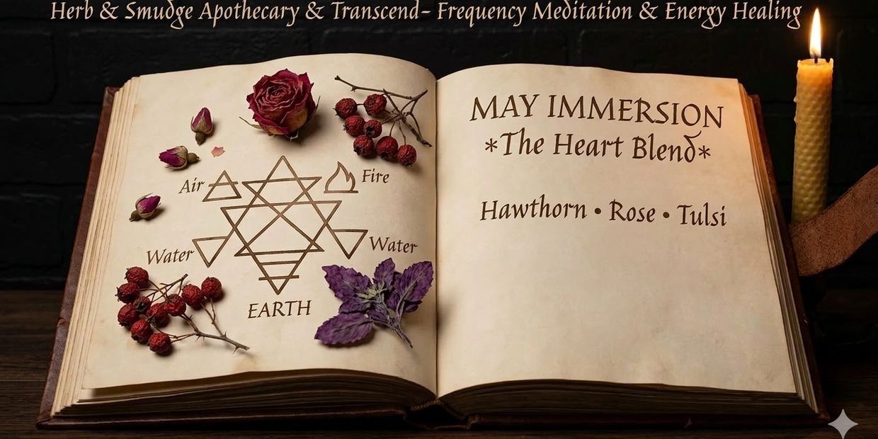 Open book with herbal symbols and May Immersion heart blend ingredients under candlelight.