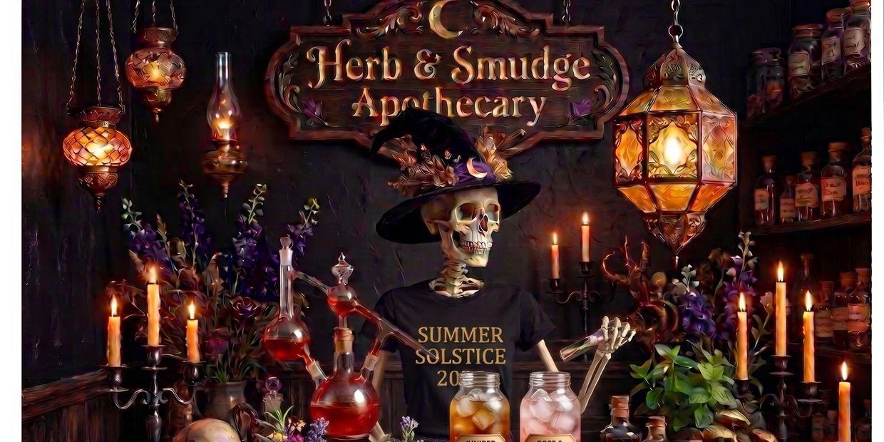 Skeleton witch mixing potions at the Herb &amp; Smudge Apothecary for Summer Solstice.