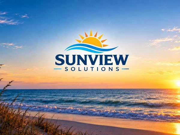Sunset beach with Sunview Solutions logo.