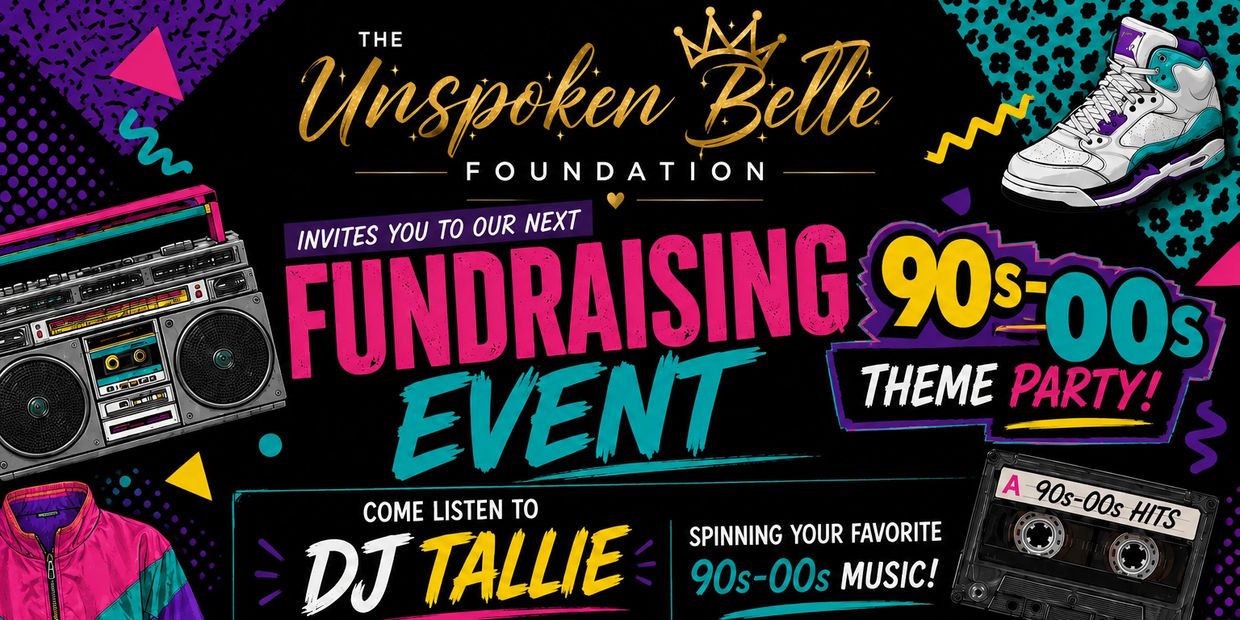 90s-00s themed fundraising party with DJ Tallie and retro elements.