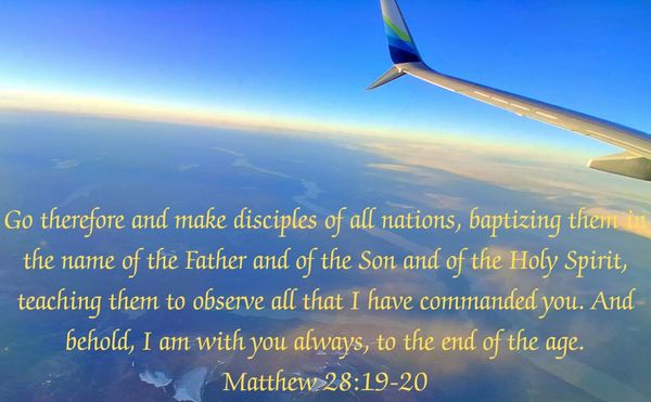 View from airplane window with a Bible verse about discipleship and faith.