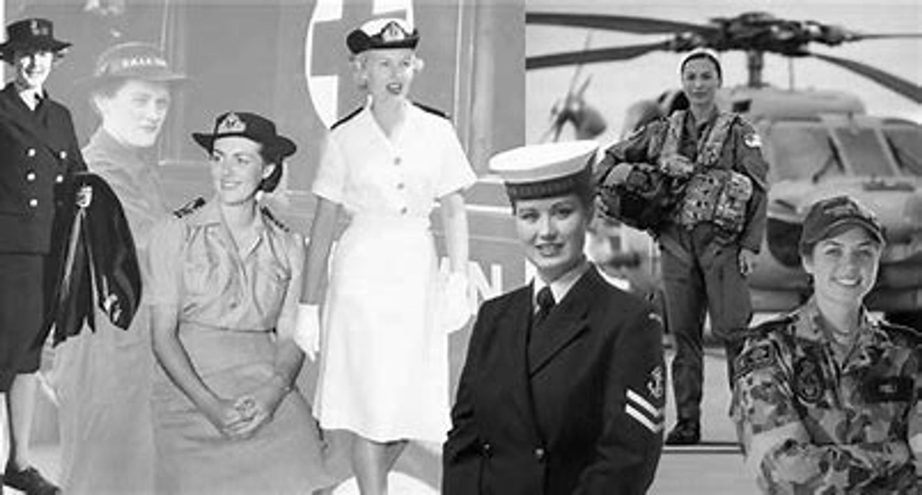 Collage of women in various military uniforms from past to present.