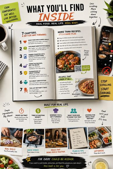 Contents of a cookbook promoting easy, real food recipes.