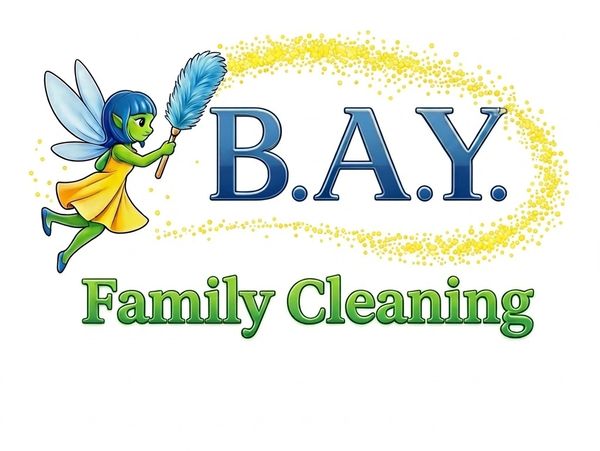 Logo of B.A.Y. Family Cleaning with a fairy holding a duster.