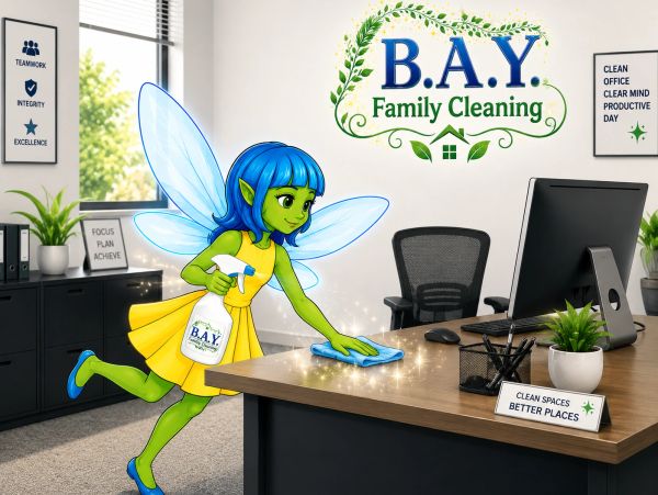 A green fairy cleaning an office desk.