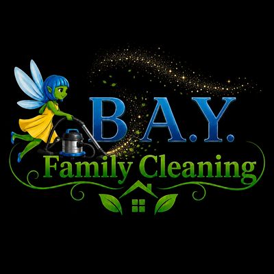 Logo for B.A.Y. Family Cleaning featuring a fairy with a vacuum.