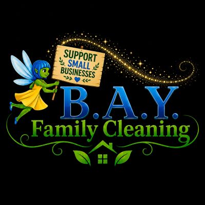 Logo of B.A.Y. Family Cleaning with a fairy holding a support small businesses sign.