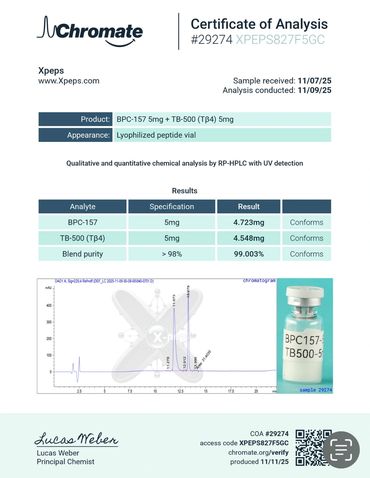 Certificate of Analysis for BPC-157 and TB-500 peptides with purity confirmation.