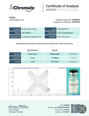 Certificate of Analysis for Retatrutide 12mg with purity and quantity results.