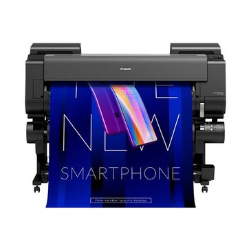 Large Canon printer printing a vibrant smartphone advertisement poster.
