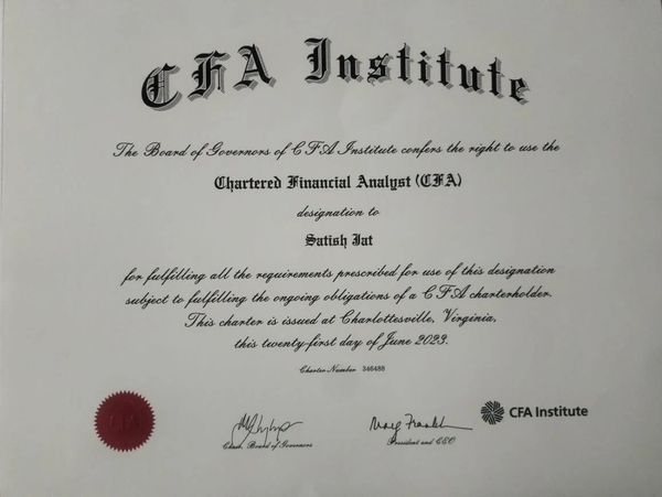 CFA CHARTER - awarded by CFA institute US upon clearing CFA exams & having work experience.