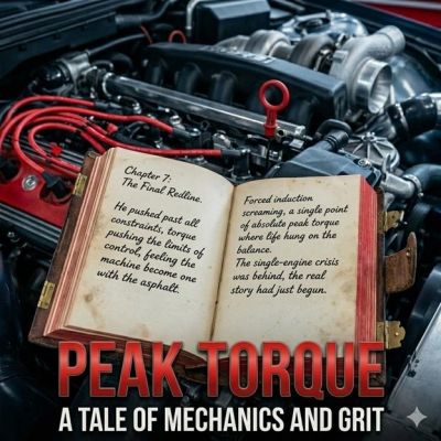 Open book with mechanical story against a car engine backdrop titled 'Peak Torque'.