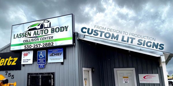 Custom Box Lit Sign Forest Office Designed for Lassen Auto Body