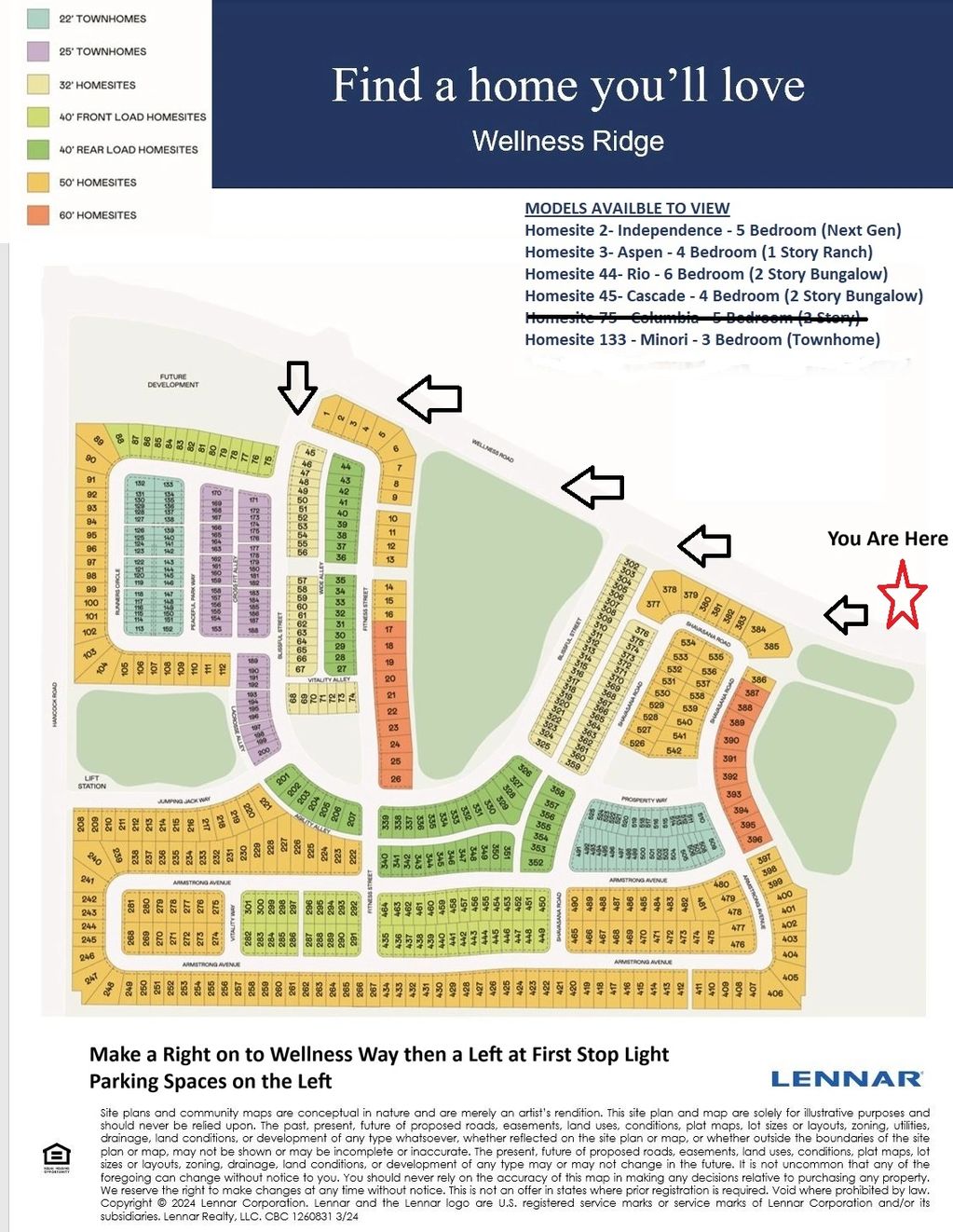 Community map of Wellness Ridge homesites with directions and available models.