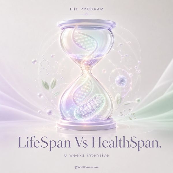 Hourglass with DNA and mitochondria symbolizes lifespan vs healthspan.