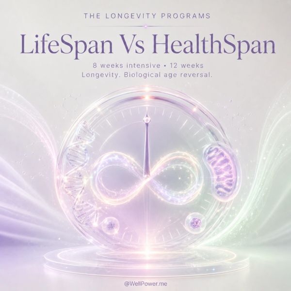 LifeSpan Vs HealthSpan longevity programs poster with glowing infinity symbol.