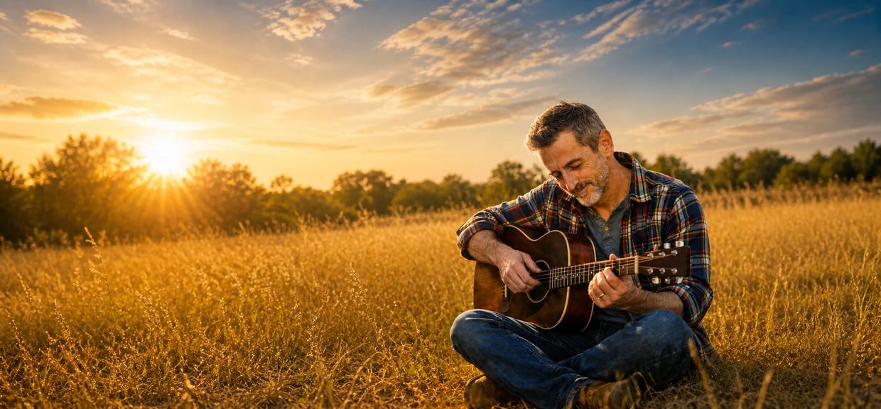 Man playing guitar in a sunlit field during sunset.