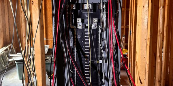 Electrical wires organized in a panel in a wooden frame.