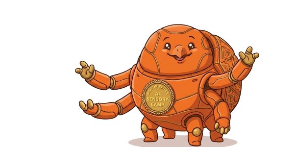 Cartoon turtle with robotic features and AI Sensory Camp badge.