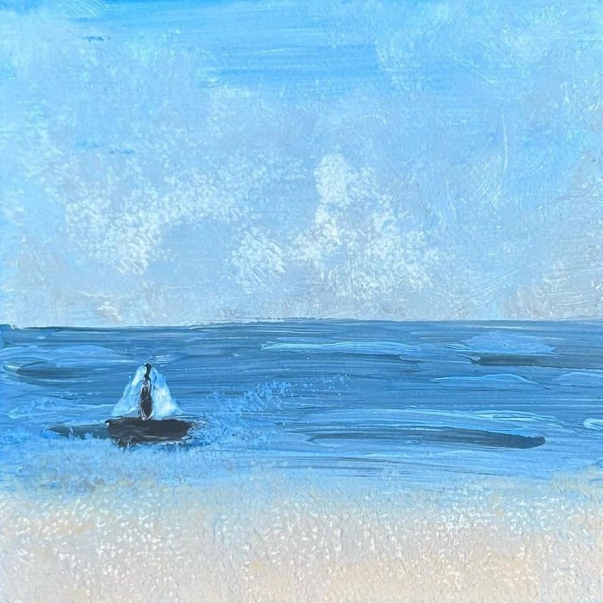 Painting of a small sailboat in pale blue sea.