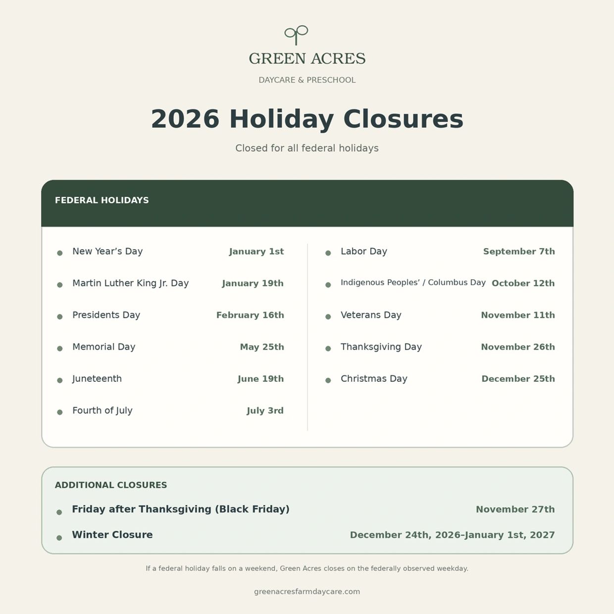 Green Acres Daycare 2026 holiday closure dates listed.