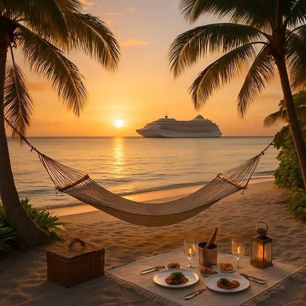 Sunset beach picnic with hammock and cruise ship in the distance.
