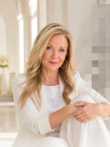 Confident woman with long blonde hair in white outfit sitting indoors.