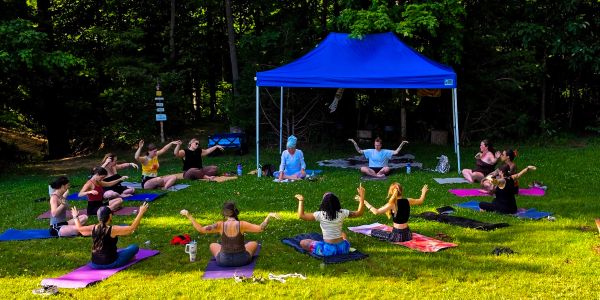 Group yoga session outdoors under a blue canopy.