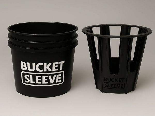 Two black plastic bucket sleeves with bold white text on a neutral background.