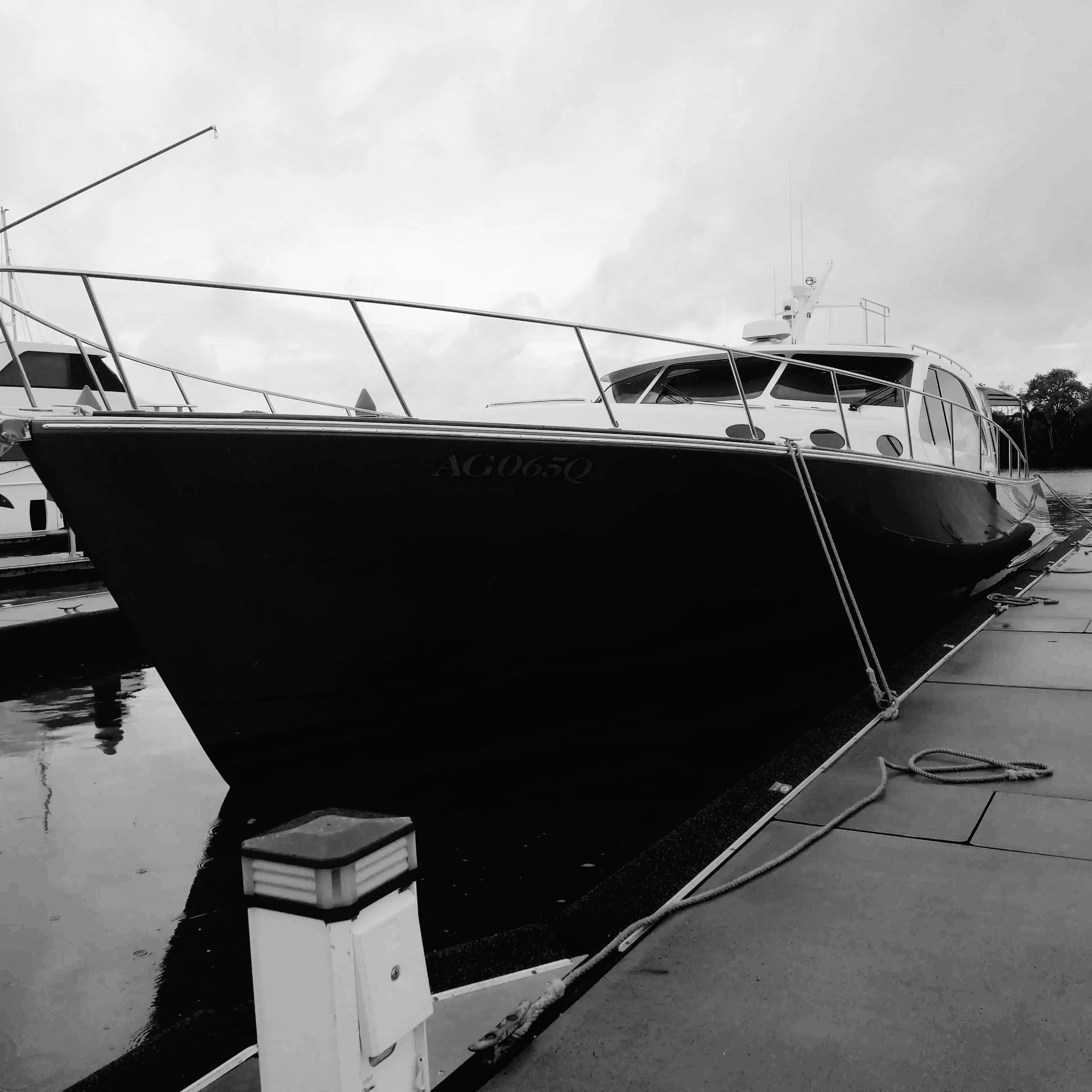 image of the bow of a boat docked in a marina in black and white
