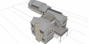 3D architectural model of a large house with detailed roof and chimney.