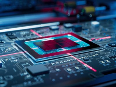 Printed Circuit Board with Advanced Processing Unit. Electronic Devices Production Industry.