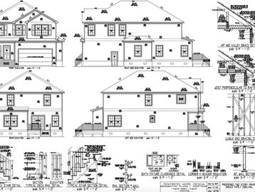 Architectural blueprint showing multiple elevations of a residential house.