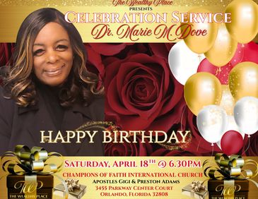 Birthday celebration invitation for Dr. Marie M. Dove with balloons and roses.