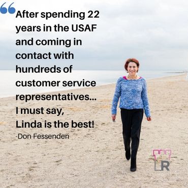 Client testimonial presented over photo of Linda walking on a winter beach in a sweater with a smile
