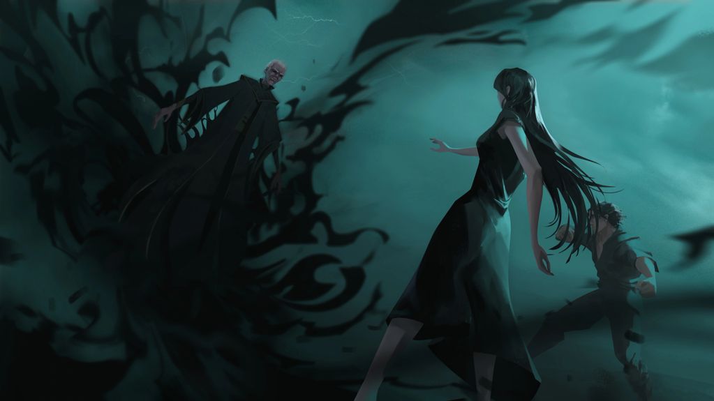 A dark, mystical confrontation between shadowy figures in an eerie atmosphere.